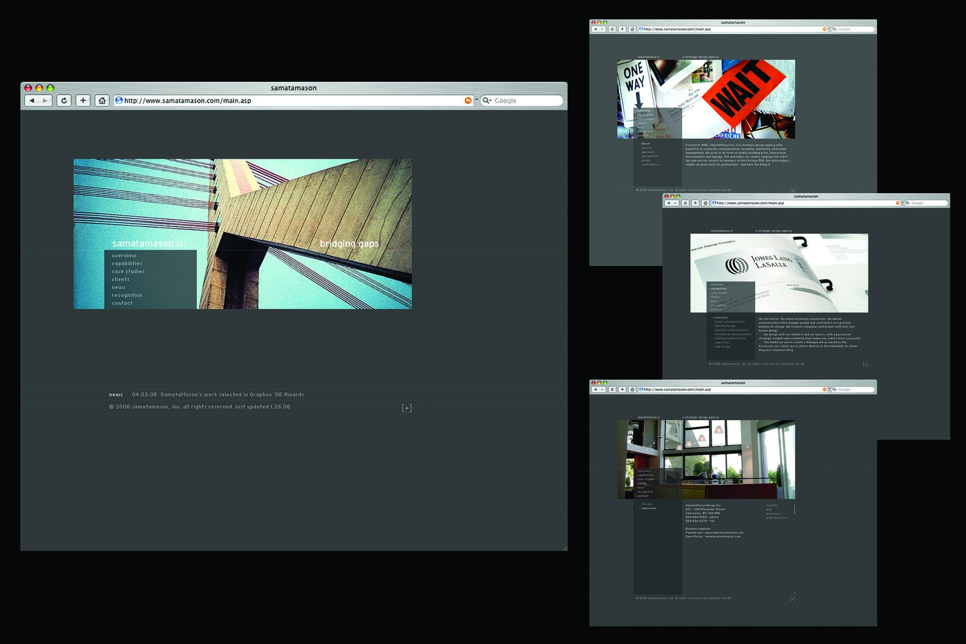 Four web page mockups with dark backgrounds, featuring images of modern architecture, signs, and branded documents. Each page has a consistent design, with navigation menus and text boxes, displaying a creative and professional aesthetic.
