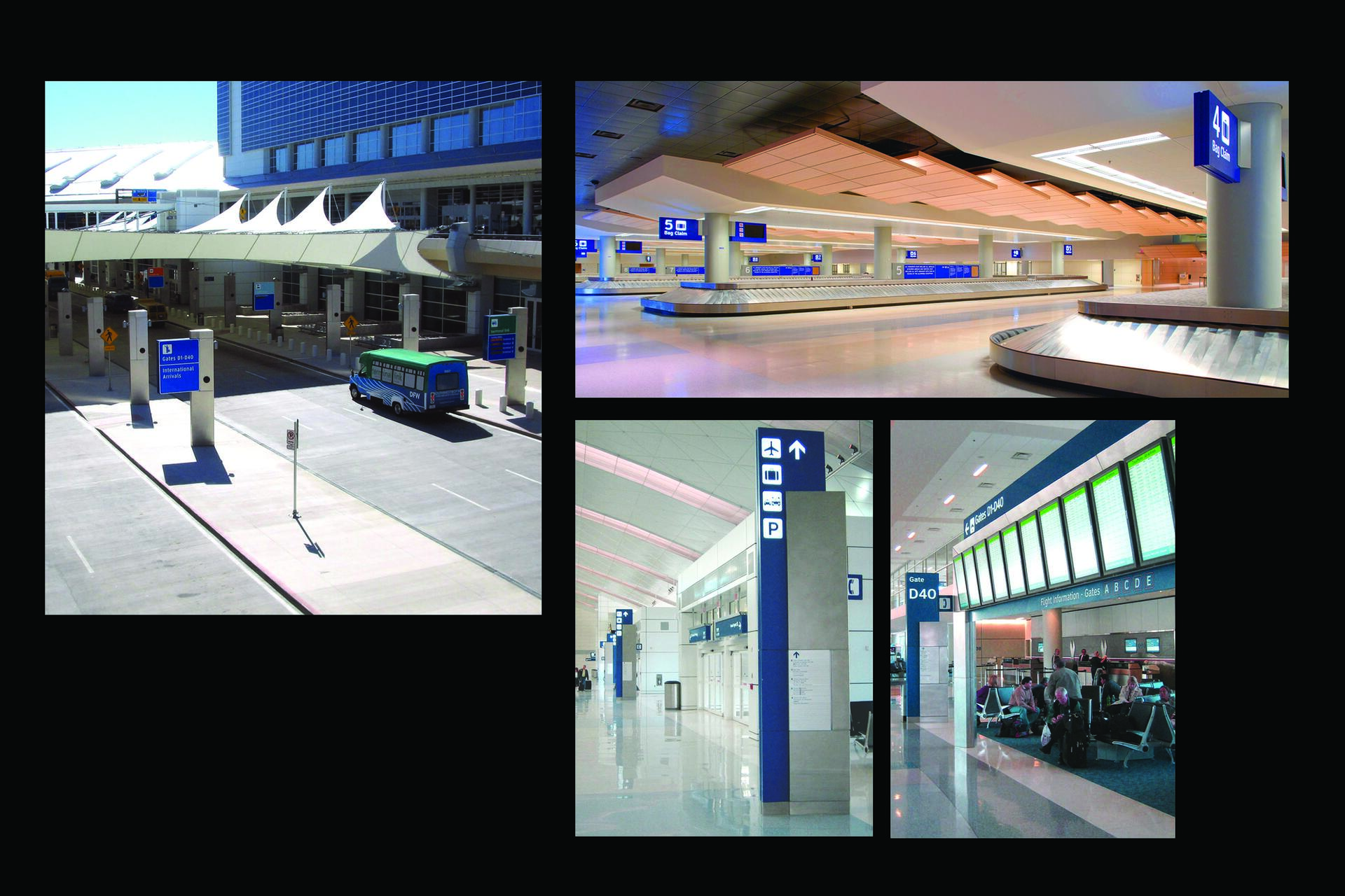 Collage of airport scenes including an exterior view with a shuttle bus, an empty baggage claim area, a hallway with directional signs, and a flight information display near Gate D40.