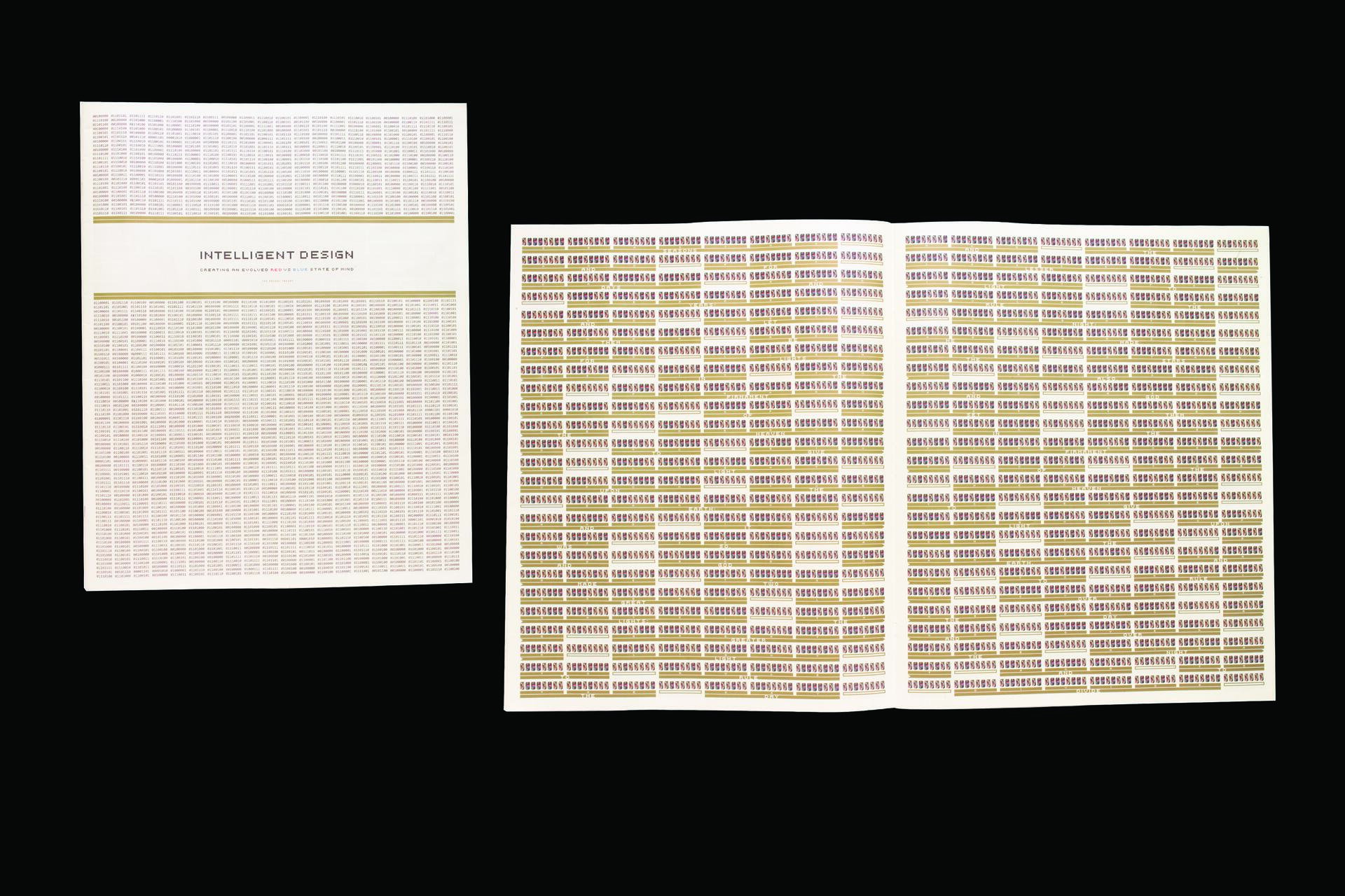 Closed and opened white booklet containing small text in rows with "Intelligent Design" on the cover, against a black background.