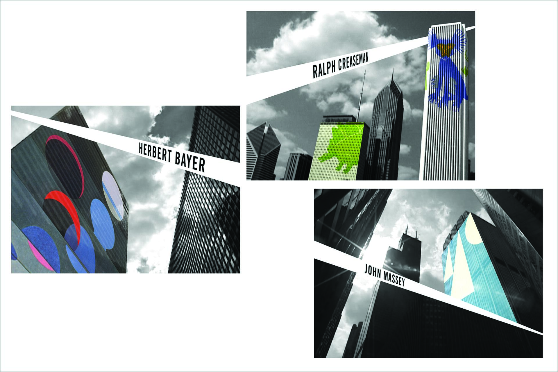 Artistic collage of city skyscrapers with colorful geometric designs projected onto the buildings, set against a cloudy sky.