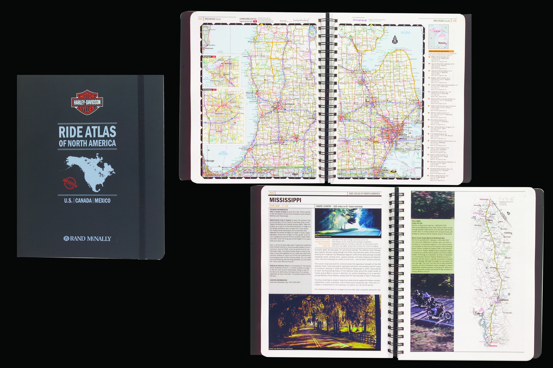 Closed and open views of the Harley-Davidson Ride Atlas by Rand McNally, showing detailed maps and travel information for North America.