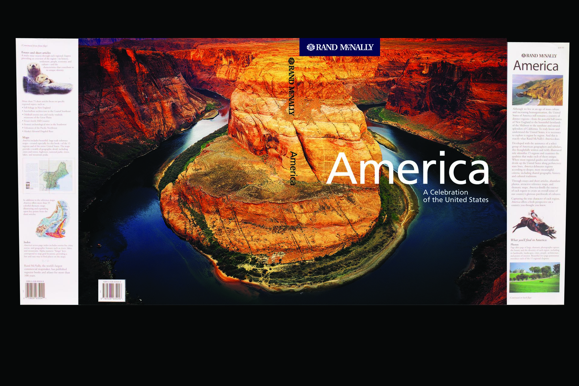Book cover photograph featuring Horseshoe Bend, a dramatic bend in the Colorado River surrounded by steep, red canyon walls. The title "America: A Celebration of the United States" is overlaid on the image.