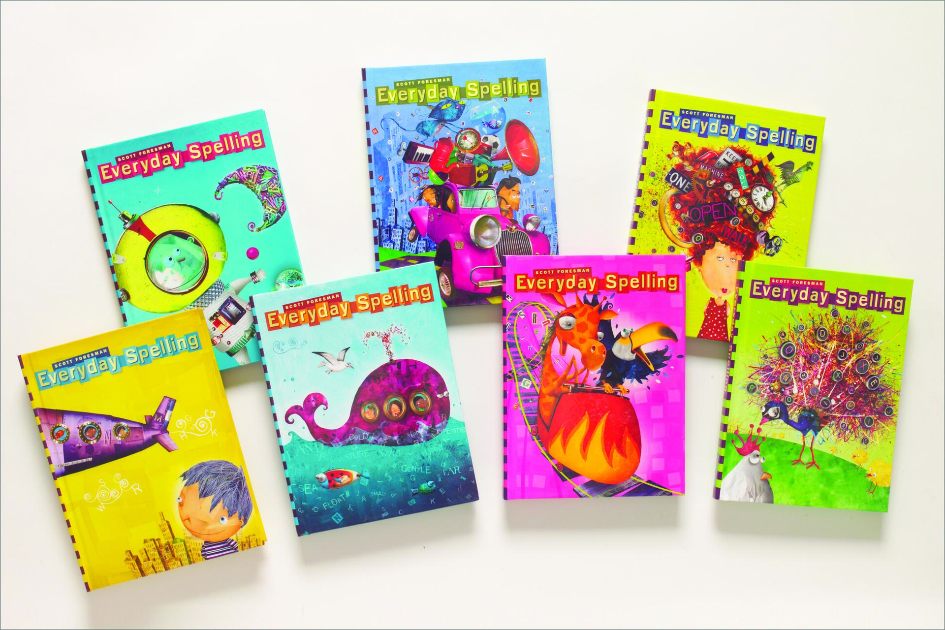 Seven colorful "Everyday Spelling" book covers, each with whimsical illustrations like a pink whale, a purple rocket, and various cartoonish animals and objects, set against vibrant backgrounds of blue, pink, and yellow.