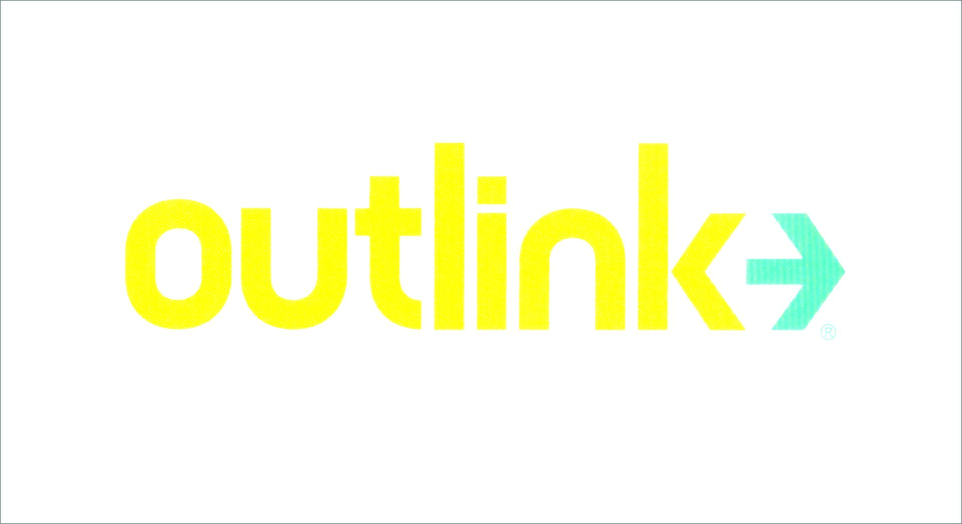 Yellow text "outlink" with a turquoise arrow on a white background.