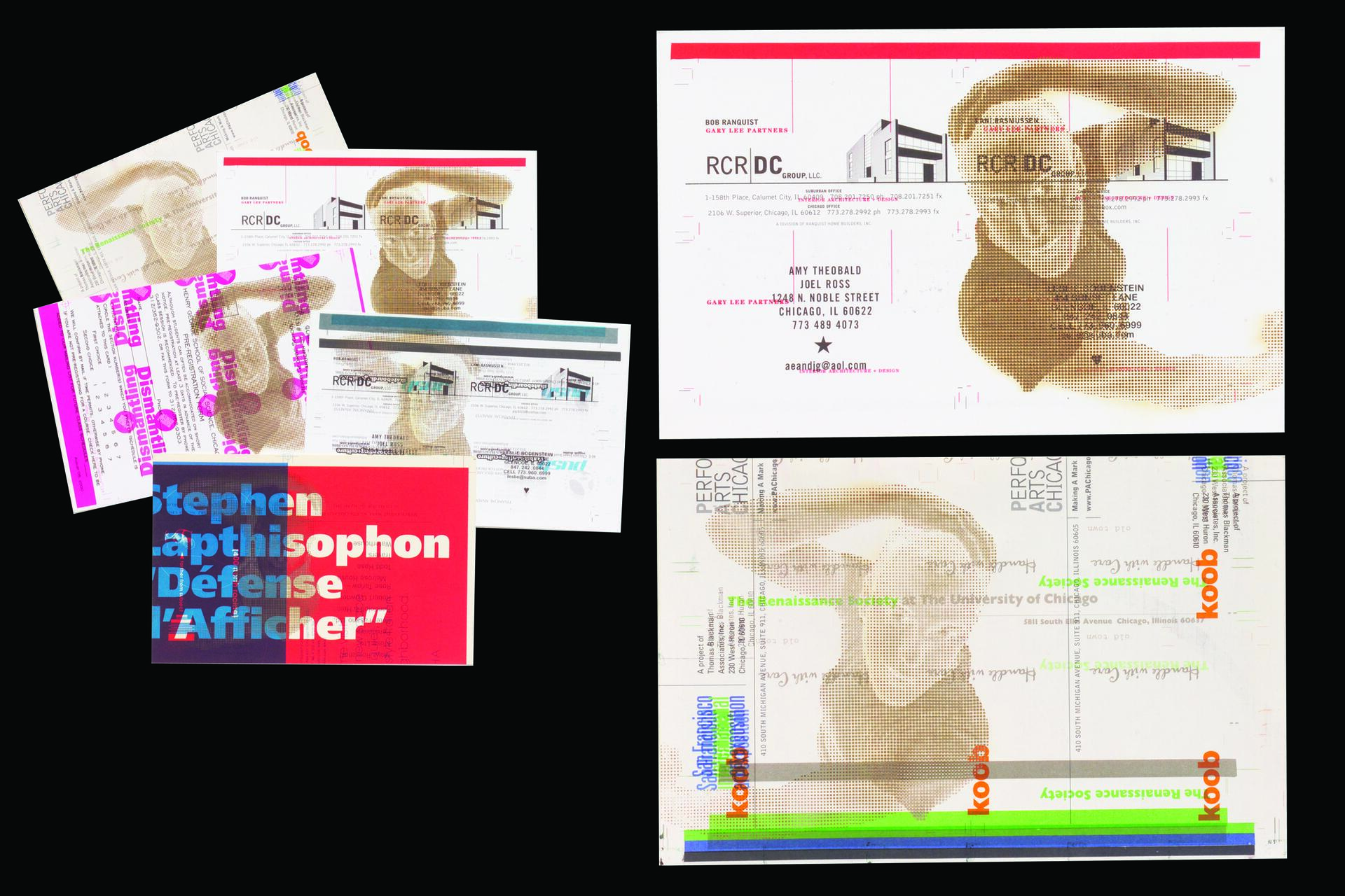 Collage of various colorful print designs featuring abstract graphics and text.