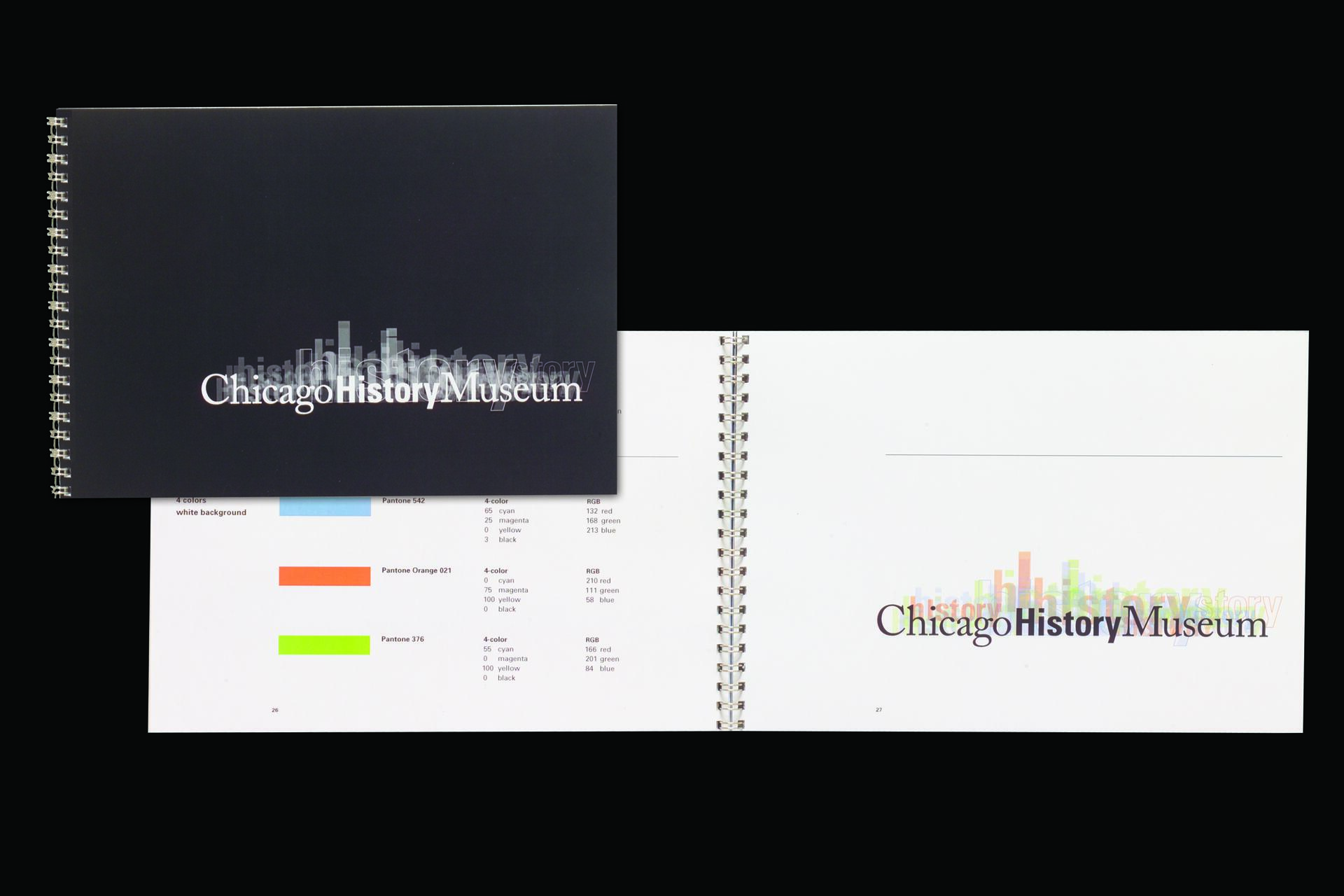 Chicago History Museum logo on a dark cover with a city skyline graphic. The open spiral-bound book shows color swatches and the logo on white pages.