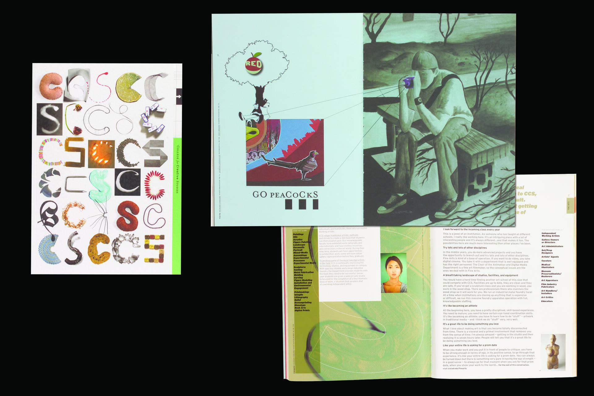 Three pages of creative designs: left page with various stylized letters, middle page featuring a surreal illustration of a person sitting on a bench, and bottom page showing a profile with text on a green background.