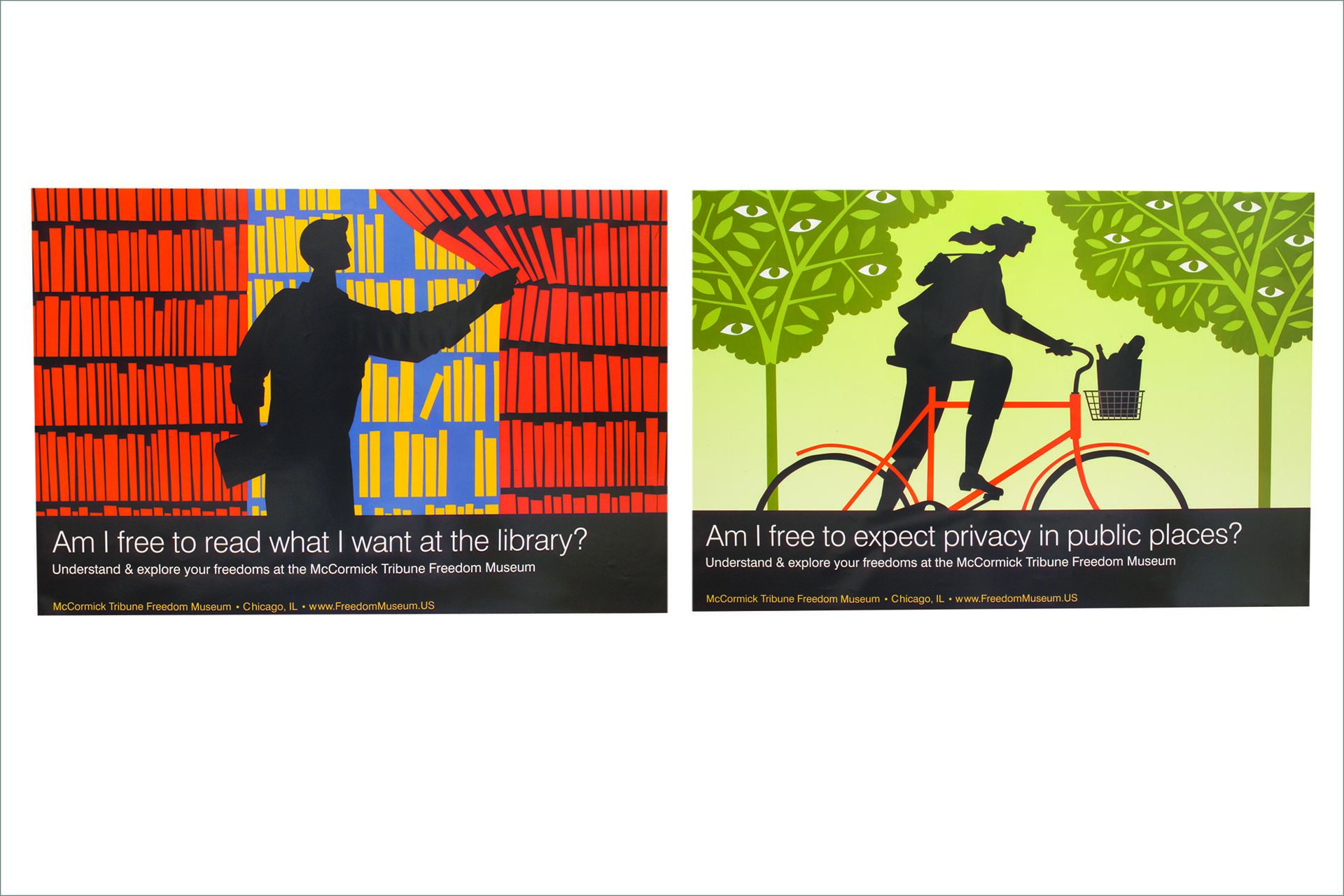 Two posters: left shows a silhouette holding a book against colorful library shelves; right shows a silhouette biking with a dog in a basket, surrounded by eye-patterned trees. Both explore themes of freedom at the McCormick Tribune Freedom Museum.