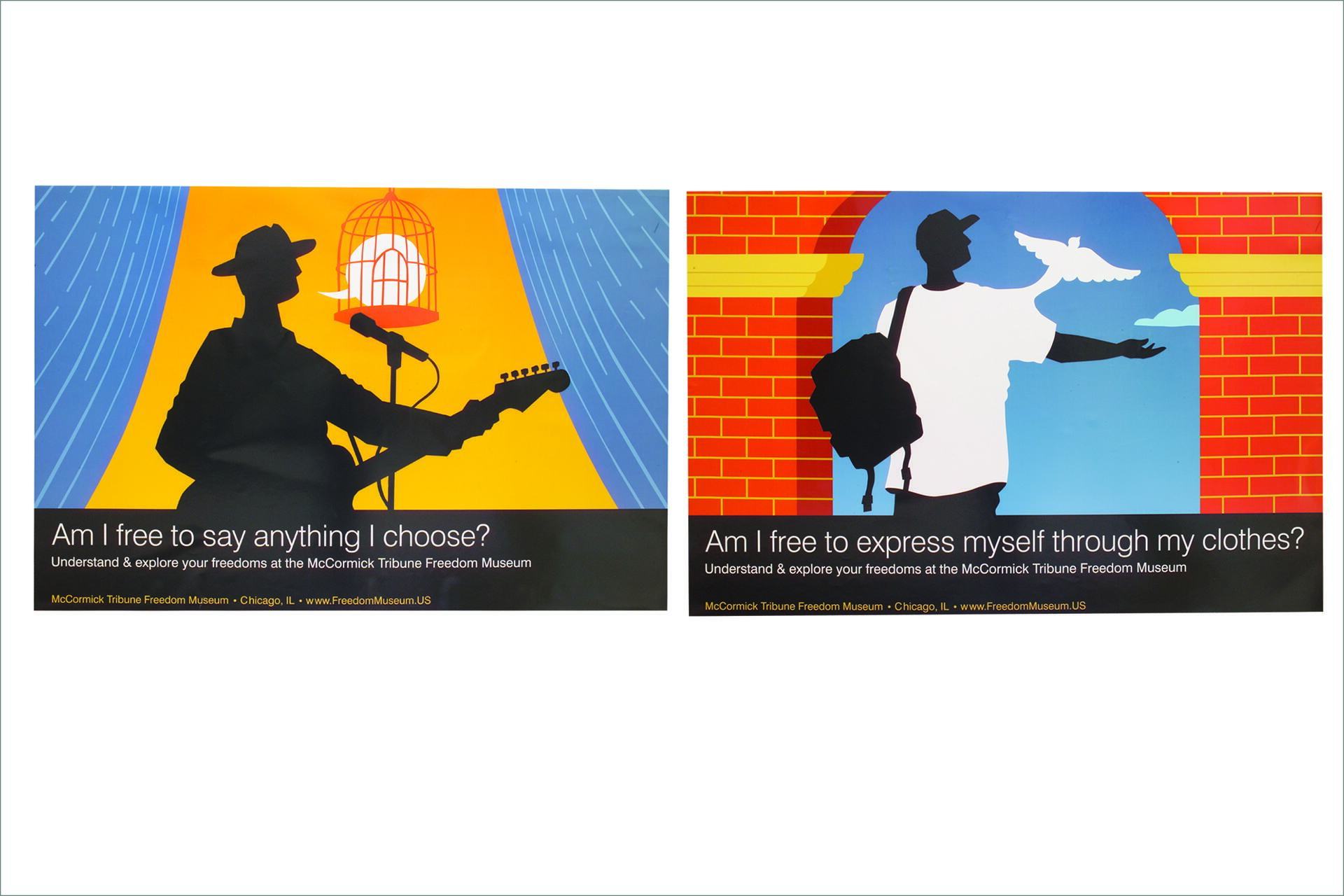 Two posters: left shows a silhouette of a musician with a birdcage, right shows a person gesturing with a dove. Both have freedom-related questions and museum details below.