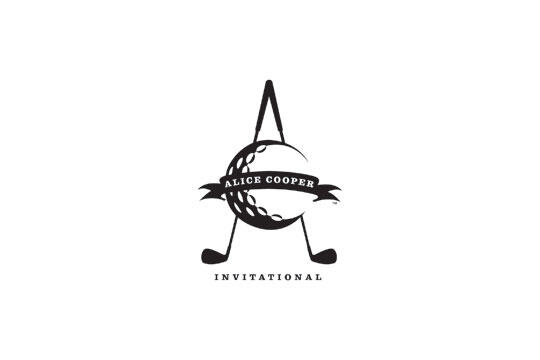 Logo of a golf tournament featuring a stylized letter "A" incorporating a golf ball and two golf clubs. The words "Alice Cooper Invitational" are integrated with a banner on the logo. Design is black and white.