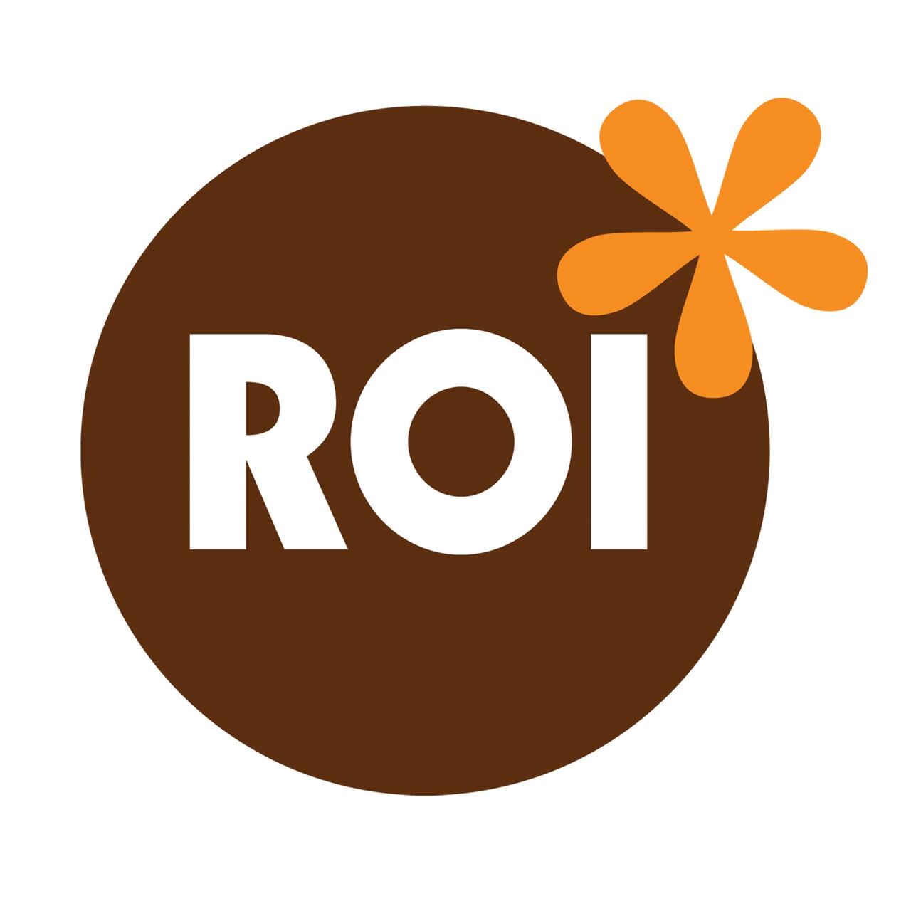 Brown circle with white letters "ROI" and an orange asterisk-like shape at the top right.