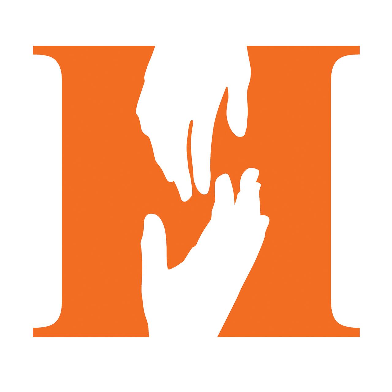 Two white hands reaching towards each other on an orange background, forming an abstract letter "H".
