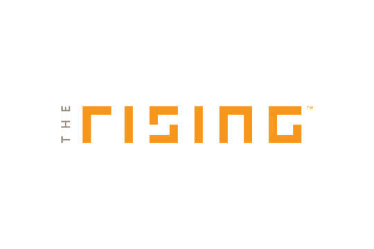 "The Rising" logo in orange modern font with thin gray vertical text on the left. White background.