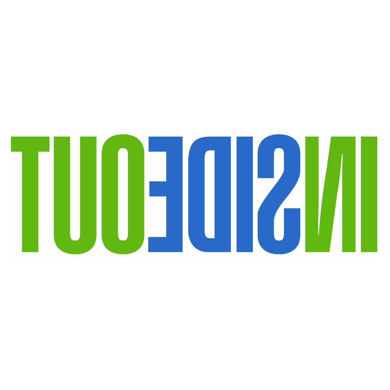 Reversed text in blue and green spelling "INSIDE OUT."