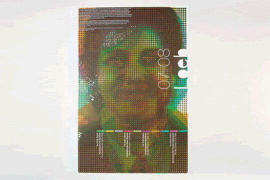 Colorful poster featuring a pixelated image of a smiling person. Text and numbers run vertically down the right side. A series of colored bars and text are aligned horizontally at the bottom.