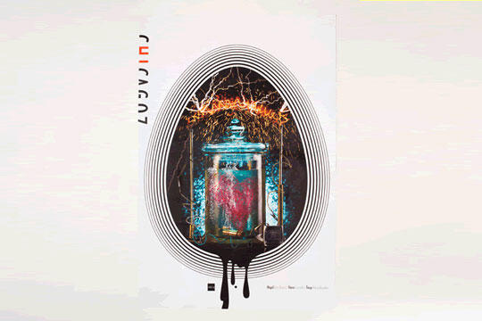 A stylized graphic of a heart in a jar with lightning above, surrounded by concentric circular lines and a black drip at the bottom. The colors are vibrant, with a mix of reds, blues, and whites.