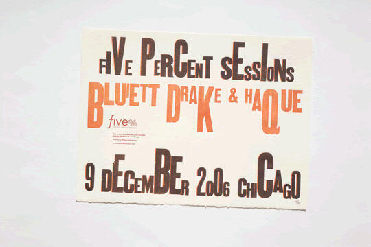 Typography poster with bold, irregular letters in black and orange. Text includes "Five Percent Sessions," "Bluett Drake & Haque," and the date "9 December 2006, Chicago."