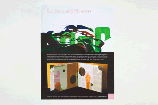 Poster featuring abstract art with green and black splashes, and text "Sea Dragons & Monsters" at the top. Below, a photograph shows an open book with colorful geometric patterns on the pages, including circles and arrows.