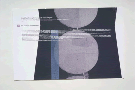 Flyer featuring abstract geometric design with overlapping circles in shades of gray and blue. Contains text about a wood type printing workshop and promotional details.