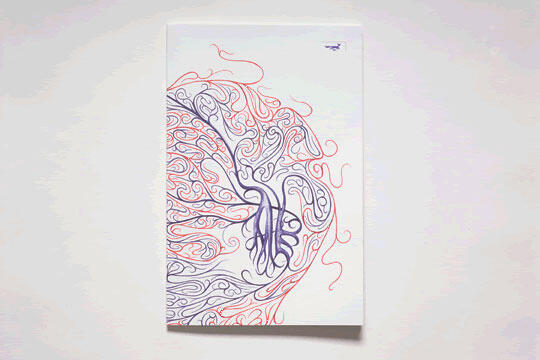 Abstract artwork featuring swirling red and purple lines forming an intricate pattern on a white background.