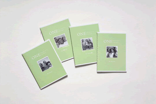 Four green booklets with white text and a black-and-white photo on each cover, arranged on a light surface.