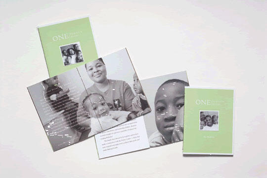 A series of brochures with green covers and black-and-white photos of a family, featuring a smiling adult and children.