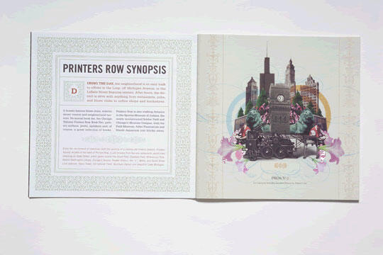 Two-page spread, left page with text titled "Printers Row Synopsis" surrounded by ornate border. Right page features artistic collage of a vintage car, buildings, and colorful accents.
