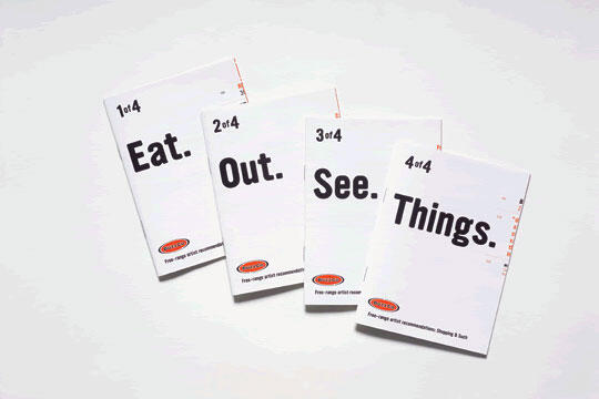 Four white pamphlets with bold black text, each labeled "1 of 4" through "4 of 4," sequentially displaying the words: "Eat," "Out," "See," "Things." A red logo is at the bottom of each pamphlet.