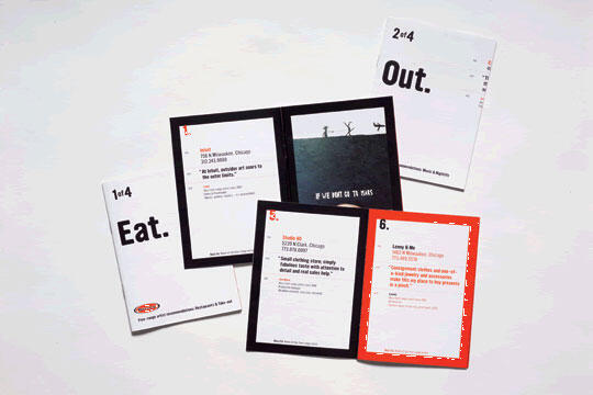 Typography layout with six cards, each featuring bold text like "Eat." and "Out." Some cards contain additional information like addresses or quotes. The design is mainly black, white, and red.