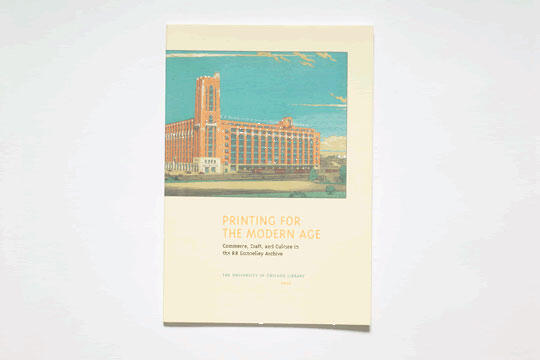 Poster depicting a large, red-brick industrial building with a tall clock tower under a clear blue sky. The text below reads "Printing for the Modern Age," and mentions commerce, craft, and culture.