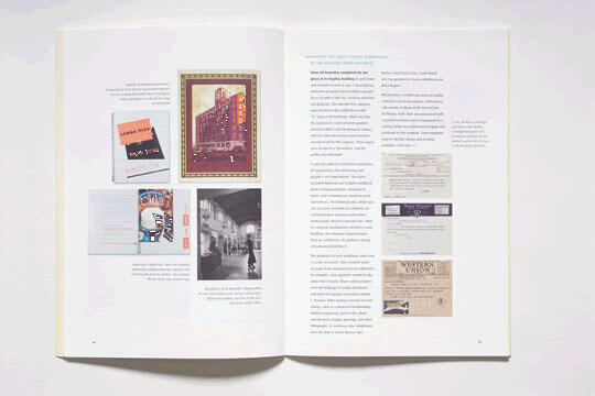 Open book showing illustrations and text, including a building image, vintage designs, and articles.