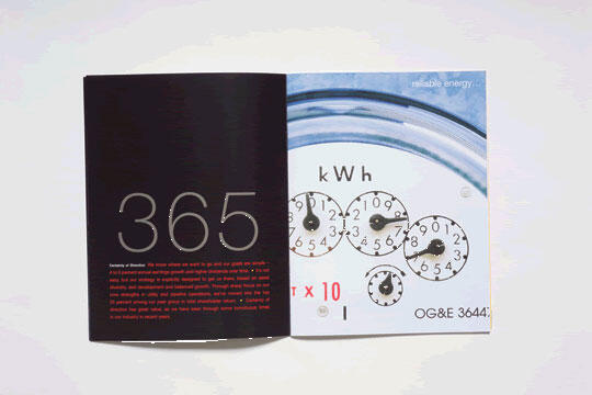 Open brochure with a black left page featuring the number 365 in large white text and smaller red text. The right page shows a close-up photograph of an electricity meter with dials, labeled with kilowatt-hours and "reliable energy."