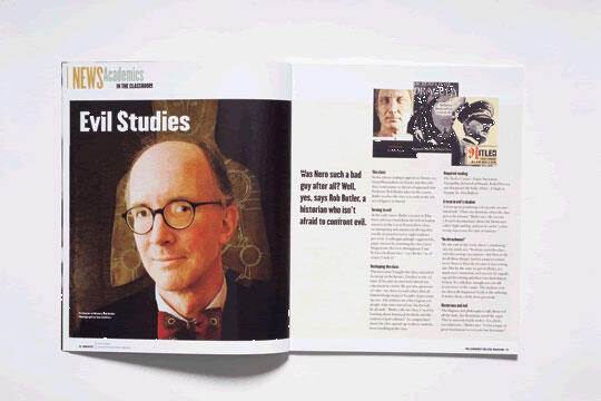 Magazine spread titled "Evil Studies" featuring a man in glasses and a bow tie on the left page, accompanied by article text and images of historical figures on the right page.