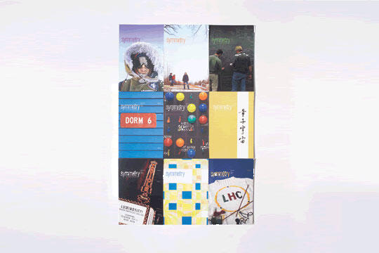 A collage of nine magazine covers titled "Symmetry," featuring various images including people, holiday lights, a sign reading "DORM 6," and scientific themes like the LHC. Each cover has a distinct design and color scheme.