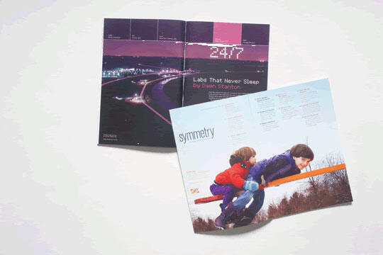 A magazine spread featuring a nighttime aerial view of a highway with lights, overlapping with another page showing two children playing on a seesaw, wearing winter clothes against a cloudy sky.