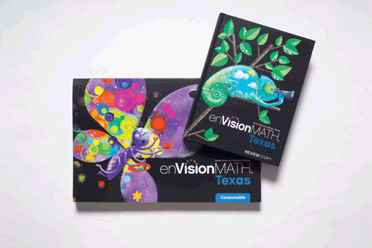 Two colorful textbooks titled "enVision Math Texas," one with a butterfly and the other with a chameleon design on the covers, set against a plain background.