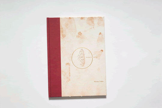 A cream-colored book with a red spine lies on a light surface. The cover features a circular emblem with a textured design and faint spots.