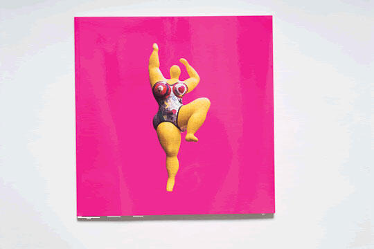 A vibrant artwork of a voluptuous figure in a colorful swimsuit against a bright pink background, striking a dynamic, dancing pose with arms raised.