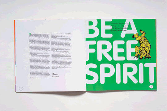 Open magazine spread with text on the left and "BE A FREE SPIRIT" in large white letters on a green background on the right, featuring a yellow patterned creature.
