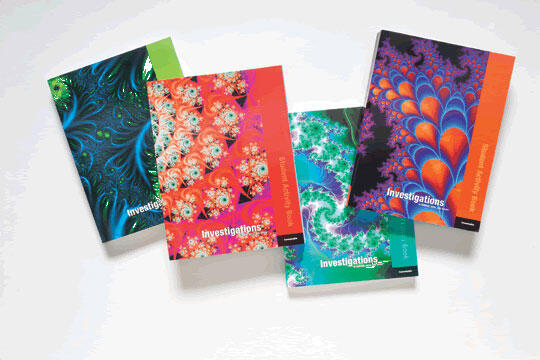 Four colorful books titled "Investigations" are arranged on a light background. Each cover features vibrant fractal designs in blues, greens, pinks, oranges, and purples, creating an abstract, artistic look.