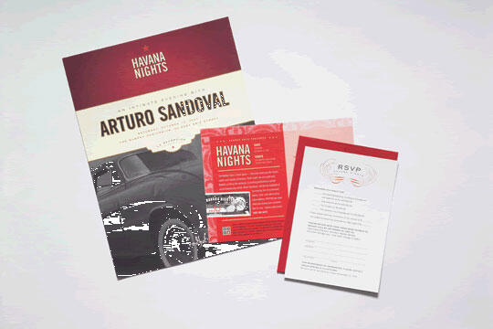 Promotional materials for an event titled "Havana Nights" featuring Arturo Sandoval. Includes a large poster, a smaller red card, and an RSVP invitation, all with a red, black, and white color scheme.