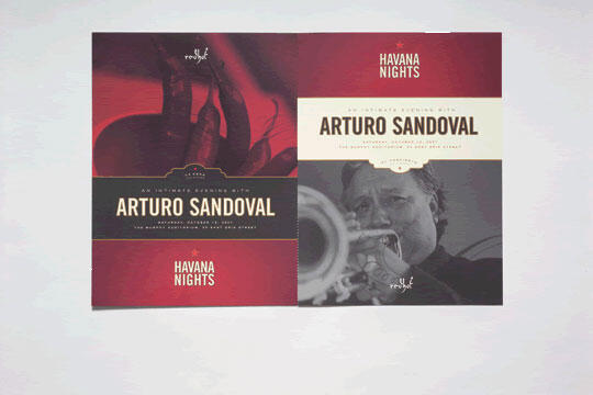Promotional graphic featuring Arturo Sandoval. Left side shows red hues with a trumpet; right side features a black-and-white photo of Sandoval playing the trumpet. Both sides include the text "Havana Nights."