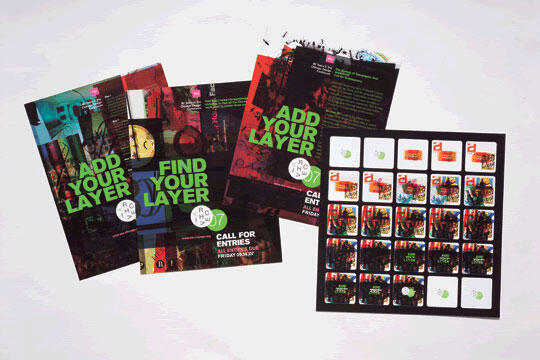 Colorful graphic posters and a grid with small images, featuring bold text "Add Your Layer" and "Find Your Layer" in a creative style.