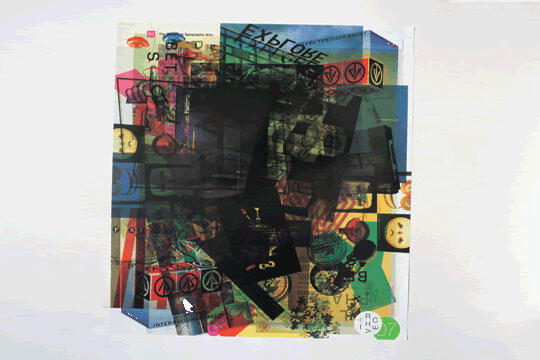 Colorful abstract collage with overlapping geometric shapes, letters, and numbers on a textured background.