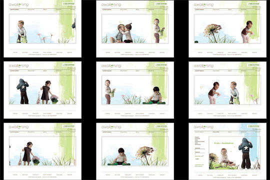 Nine thumbnails of a website featuring children in playful poses with nature-themed backgrounds, including grass and large flowers. The design is cohesive with a light, natural color scheme.