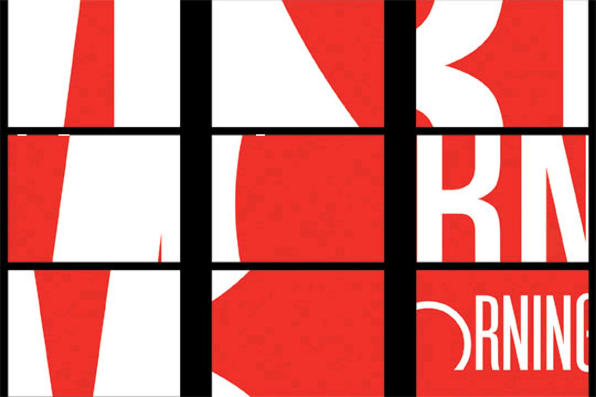 Large red letters on a white background are segmented across a nine-panel grid with black dividers.