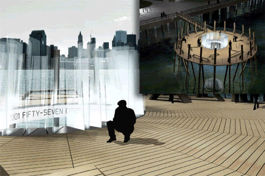 Silhouette of a person sitting on a wooden deck, facing a city skyline through a circular glass installation. An inset above shows a round platform on stilts over water, surrounded by railings.