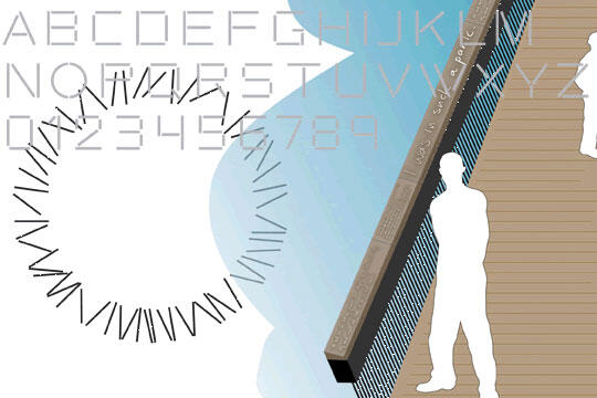 Abstract graphic with silhouetted figures on a wooden deck, a large gear-shaped circle on the left, alphabets and numbers in the background, and a tilted beam in the center.