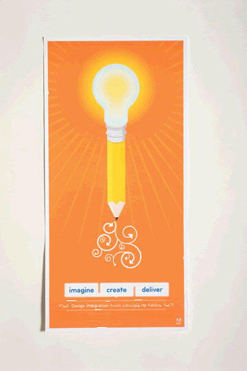 A lightbulb forms the eraser of a pencil on an orange background with swirling patterns emanating from the point. Below are the words "imagine," "create," and "deliver."