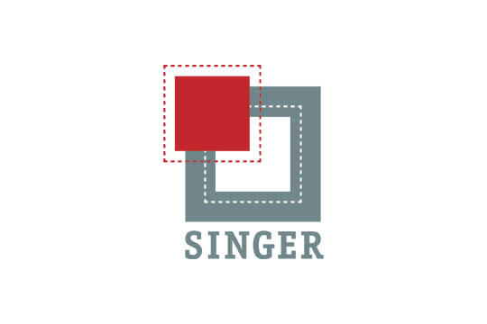 Logo featuring a red square overlapping a larger gray square with dashed outlines, text "SINGER" below.